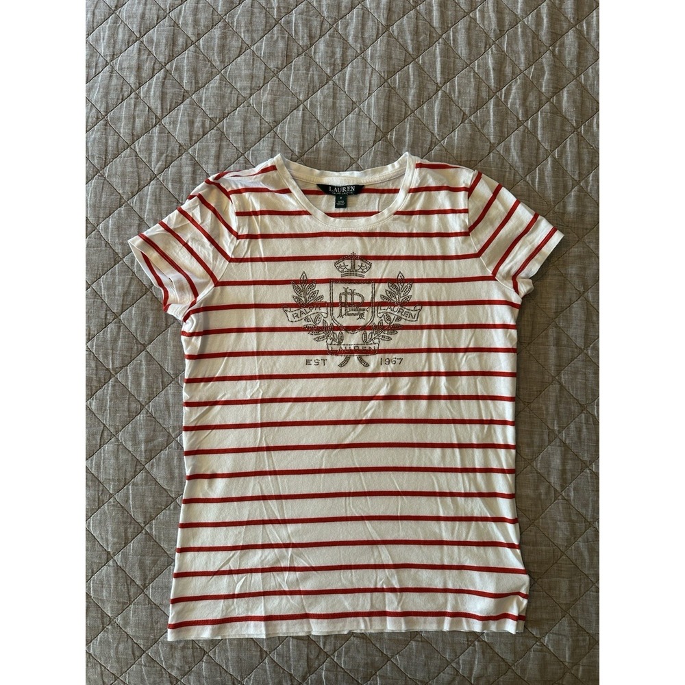 Ralph Lauren Women Red Stripe Studded Logo Short-Sleeve Tee T-Shirt Top Size S
